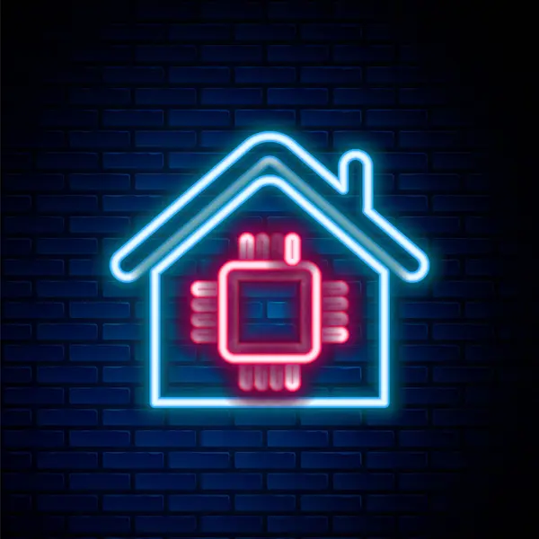 Linea neon incandescente icona Smart home isolata su sfondo muro di mattoni. Telecomando. Concetto di contorno colorato. Vettore — Vettoriale Stock