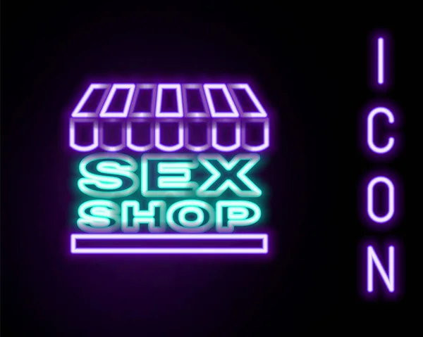 Glowing neon line Sex shop building with striped awning icon isolated on black background. Sex shop, online sex store, adult erotic products concept. Colorful outline concept. Vector — Stock Vector