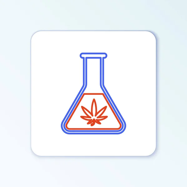 Γραμμή Χημικό δοκιμαστικό σωλήνα με μαριχουάνα ή φύλλο κάνναβης εικονίδιο απομονώνονται σε λευκό φόντο. Ερευνητική ιδέα. Εργαστήριο CBD πετρελαίου έννοια. Πολύχρωμο περίγραμμα έννοια. Διάνυσμα — Διανυσματικό Αρχείο