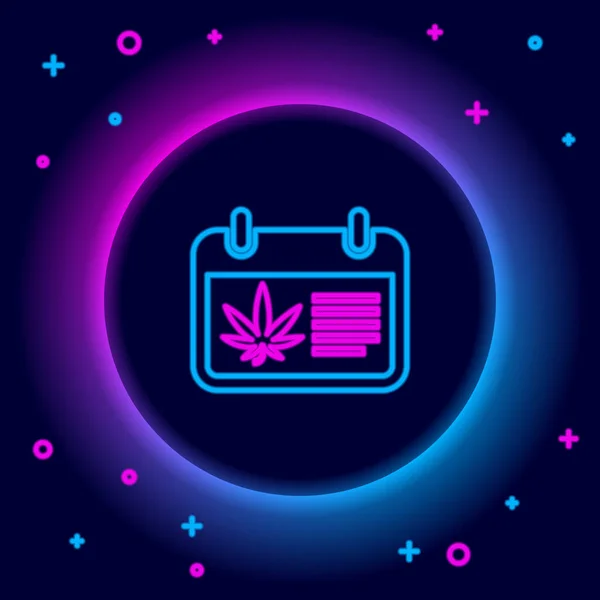 Glödande neon linje Kalender och marijuana eller cannabis blad ikon isolerad på svart bakgrund. Nationell ogräsdag. Hampa symbol. Färgstarkt skisskoncept. Vektor — Stock vektor