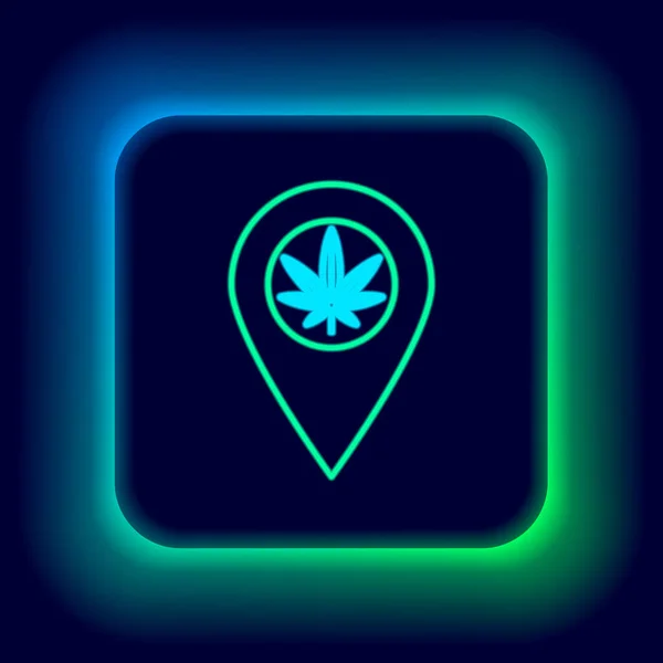 Glowing neon line Map pointer and marijuana or cannabis leaf icon isolated on black background. Hemp symbol. Colorful outline concept. Vector — Stock Vector