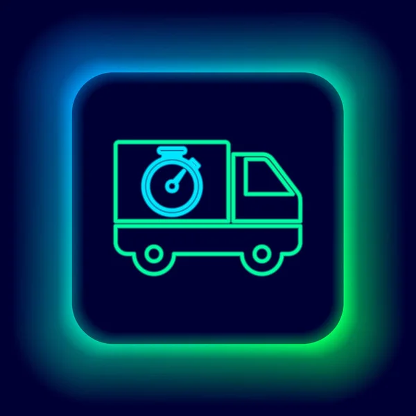 Glödande neon line Logistik leverans lastbil och stoppur ikon isolerad på svart bakgrund. Leveranstid ikonen. Färgstarkt skisskoncept. Vektor — Stock vektor