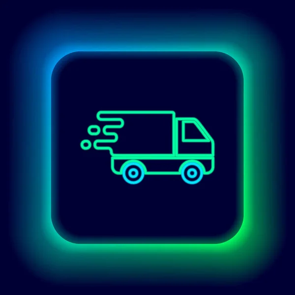 Glödande neon line Leverans lastbil i rörelse ikon isolerad på svart bakgrund. Snabb leverans lastbil. Färgstarkt skisskoncept. Vektor — Stock vektor