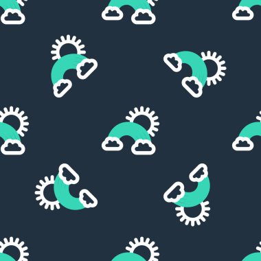 Bulutlu çizgi gökkuşağı ve güneş ikonu siyah arka planda izole edilmiş kusursuz desen. Vektör