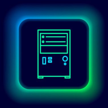 Parlayan neon hattı Bilgisayar simgesi siyah arkaplanda izole edildi. Bilgisayar bileşeni işareti. Renkli taslak konsepti. Vektör
