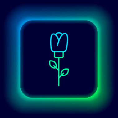 Parlayan neon hattı çiçek gül simgesi siyah arkaplanda izole edildi. Renkli taslak konsepti. Vektör