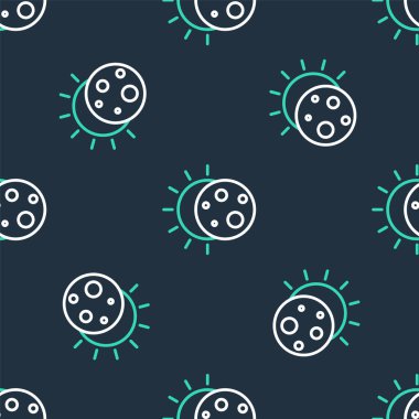 Güneş ikonunun çizgi tutulması siyah arkaplanda izole edilmiş kusursuz bir desen. Tam sonar tutulması. Vektör