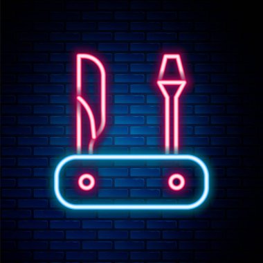 Parlayan neon hattı, tuğla duvar arkasında izole edilmiş İsviçre çakısı ikonu. Çoklu alet, çok amaçlı çakı. Çok fonksiyonlu bir alet. Renkli taslak konsepti. Vektör