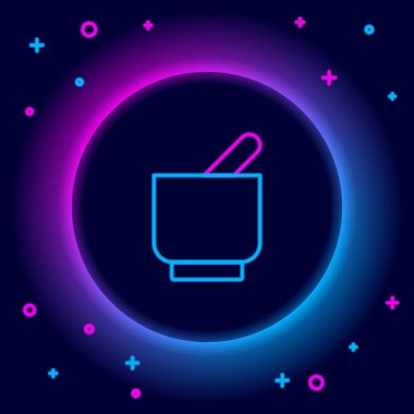 Parlayan neon hattı havan ve tokmak simgesi siyah arkaplanda izole edildi. Renkli taslak konsepti. Vektör