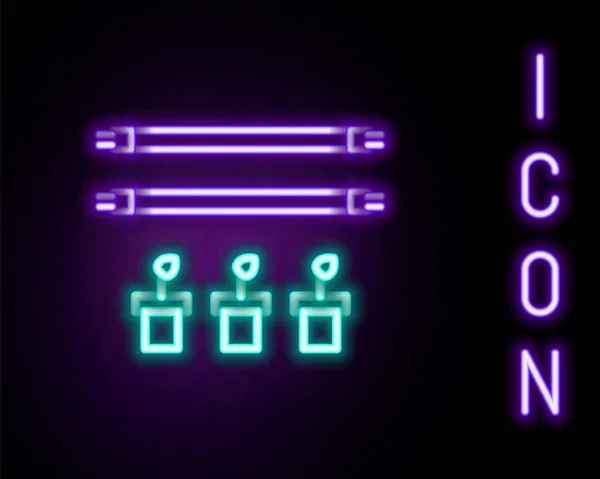 Ligne lumineuse au néon Ferme intelligente avec ampoule et icône symbole végétal isolés sur fond noir. Concept de contour coloré. Vecteur — Image vectorielle