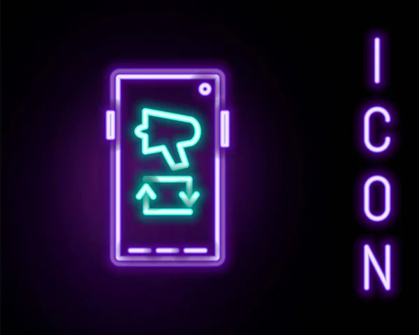 Świecąca neonowa linia Rozpuść wieść o megafonie na ikonie telefonu komórkowego odizolowanym na czarnym tle. Kolorowy koncept. Wektor — Wektor stockowy