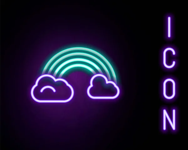 Gloeiende neon lijn Rainbow met wolken pictogram geïsoleerd op zwarte achtergrond. Kleurrijk concept. Vector — Stockvector