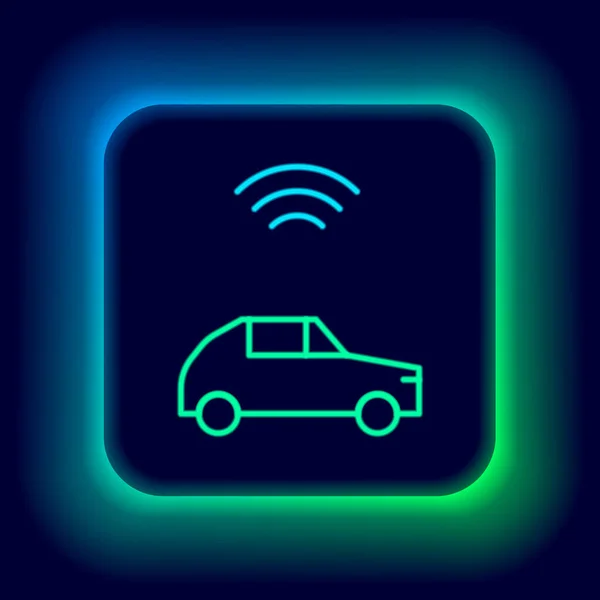 Gloeiende neon lijn Smart auto-systeem met draadloze verbinding pictogram geïsoleerd op zwarte achtergrond. Kleurrijk concept. Vector — Stockvector