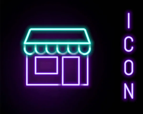 Ligne lumineuse néon Immeuble commercial ou icône de magasin de marché isolé sur fond noir. Construction de magasins. Concept de contour coloré. Vecteur — Image vectorielle