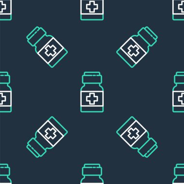 Hat ilacı şişesi ve hap ikonu siyah arka planda izole edilmiş. İlaç paketi. Tablet, vitamin, antibiyotik, aspirin. Vektör