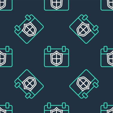 Kalkan simgesine sahip çizgi takvimi siyah arkaplanda izole edilmiş pürüzsüz desen. Sigorta konsepti. Gardiyan. Güvenlik, güvenlik, koruma, gizlilik kavramı. Vektör