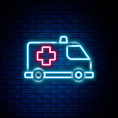 Parlayan neon hattı ambulansı ve acil durum arabası simgesi tuğla duvar arkasında izole edildi. Ambulans aracı tıbbi tahliye. Renkli taslak konsepti. Vektör
