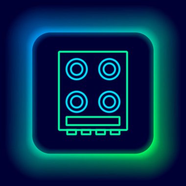 Parlayan neon hattı gaz sobası simgesi siyah arkaplanda izole edildi. Mutfak tabelaları. Dört daire ocağı olan bir hob. Renkli taslak konsepti. Vektör