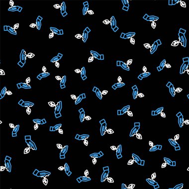 Çevre koruma ikonunun elindeki Çizgi Tesisi siyah arkaplanda izole edilmiş pürüzsüz desen. Tohum ve tohum. Fidan dikiyorum. Vektör