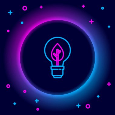 Siyah zemin üzerinde yaprak simgesi olan parlak neon çizgisi ampul. Çevre enerjisi kavramı. Alternatif enerji kavramı. Renkli taslak konsepti. Vektör