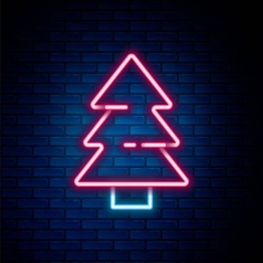 Parlayan neon hattı Noel ağacı simgesi tuğla duvar arkasında izole edilmiş. Mutlu Noeller ve mutlu yıllar. Renkli taslak konsepti. Vektör