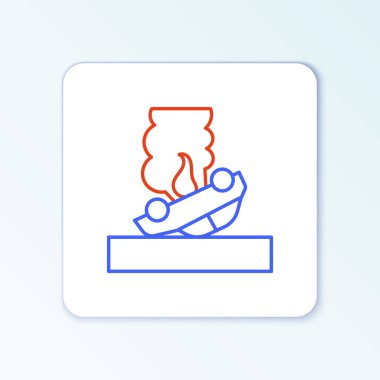 Çizgi Yanan araba simgesi beyaz arkaplanda izole edildi. Araba yanıyor. Araba alev ve dumanla kaplanmış. Renkli taslak konsepti. Vektör