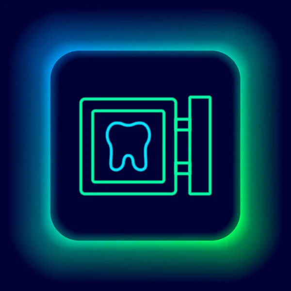 Línea de neón brillante Icono de ubicación de la clínica dental aislado sobre fondo negro. Concepto de esquema colorido. Vector — Archivo Imágenes Vectoriales