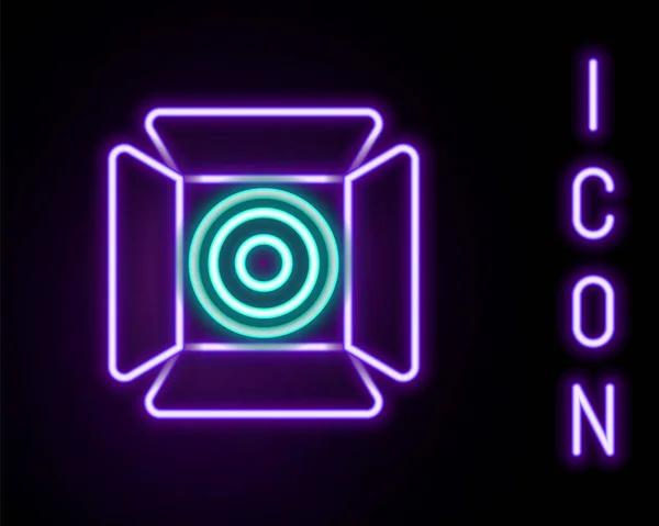 Glödande neon line Film spotlight ikon isolerad på svart bakgrund. Ljuseffekt. Scen, studio, show. Färgstarkt skisskoncept. Vektor — Stock vektor