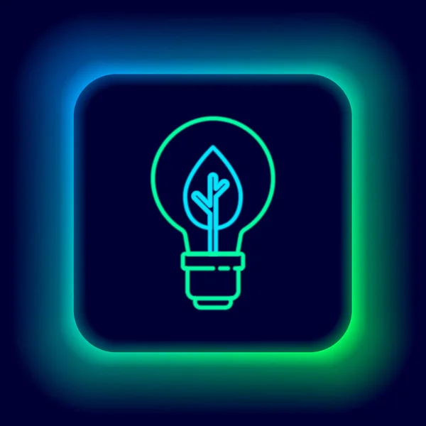 Línea de neón brillante Bombilla con icono de hoja aislada sobre fondo negro. Concepto de energía ecológica. Concepto de energía alternativa. Concepto de esquema colorido. Vector — Archivo Imágenes Vectoriales