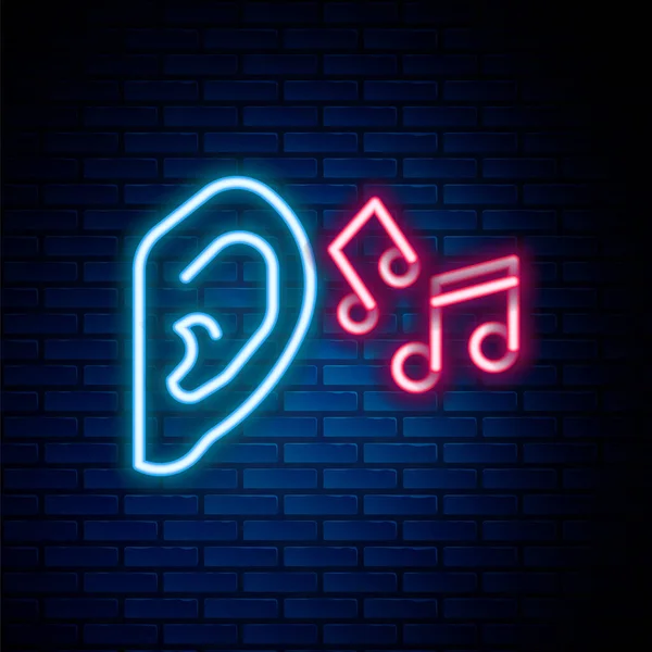 글로잉 네온 라인아 (Glowing neon line Ear) 는 벽돌 벽 배경에 고립된 사운드 신호 아이콘을 듣는다. 귀는 듣는다. 화려 한 윤곽 개념. Vector — 스톡 벡터