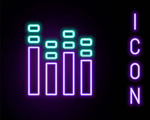 Gloeiende neon lijn Muziek equalizer pictogram geïsoleerd op zwarte achtergrond. Geluidsgolf. Audio digitale equalizer technologie, console paneel, puls musical. Kleurrijk concept. Vector — Stockvector