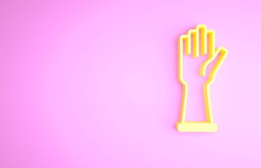 Sarı lastik eldiven ikonu pembe arka planda izole edilmiş. Lateks el koruması işareti. Ev işi temizlik ekipmanları sembolü. Minimalizm kavramı. 3d illüstrasyon 3B canlandırma