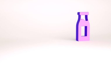Beyaz arka planda izole edilmiş süt ikonu olan mor kapaklı cam şişe. Minimalizm kavramı. 3d illüstrasyon 3B canlandırma