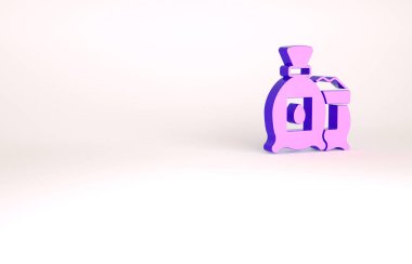 Beyaz arka planda izole edilmiş özel bir bitki simgesinin tohumlarıyla dolu mor paket. Minimalizm kavramı. 3d illüstrasyon 3B canlandırma