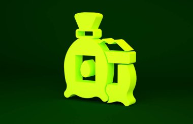 Yeşil arka planda izole edilmiş özel bir bitki simgesinin tohumlarıyla dolu sarı paket. Minimalizm kavramı. 3d illüstrasyon 3B canlandırma