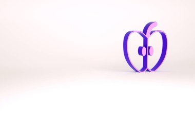 Beyaz arkaplanda mor elma simgesi izole edildi. Yaprak sembollü meyve. Minimalizm kavramı. 3d illüstrasyon 3B canlandırma