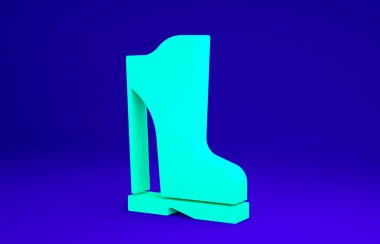 Mavi arkaplanda yeşil su geçirmez lastik bot simgesi var. Yağmurlu hava, balıkçılık, bahçe işleri için çizme. Minimalizm kavramı. 3d illüstrasyon 3B canlandırma