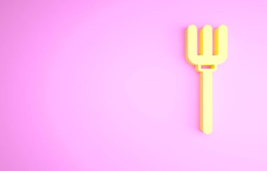 Sarı Bahçe yabası ikonu pembe arka planda izole edilmiş. Bahçe çatalı işareti. Bahçecilik, tarım, çiftçilik aleti. Minimalizm kavramı. 3d illüstrasyon 3B canlandırma