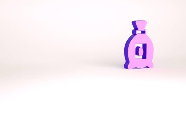 Beyaz arka planda izole edilmiş özel bir bitki simgesinin tohumlarıyla dolu mor paket. Minimalizm kavramı. 3d illüstrasyon 3B canlandırma