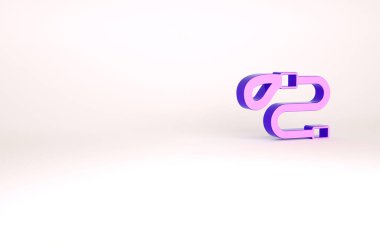 Mor geri çekilebilir ip tasması ve beyaz arka planda izole edilmiş karabina simgesi. Evcil köpek liderliği. Açık hava yürüyüşü için hayvan aksesuarı. Minimalizm kavramı. 3d illüstrasyon 3B canlandırma