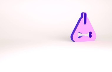 Beyaz arka planda isim etiketi ve kemik plağı simgesi olan mor köpek tasması. Evcil hayvan malzemeleri. Kedi köpek bakımı. Evcil köpek zincirleri. Minimalizm kavramı. 3d illüstrasyon 3B canlandırma