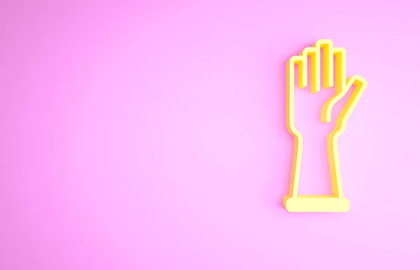 Guanti in gomma gialla icona isolata su sfondo rosa. Segno di protezione della mano in lattice. Simbolo dell'attrezzatura per la pulizia domestica. Concetto minimalista. Illustrazione 3d rendering 3D — Foto Stock
