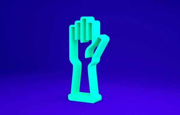 녹색 고무 장갑 아이콘 이 파란색 배경에 분리되어 있습니다. 라텍스 손 보호 사인. 집안일 청소 장비의 상징. 미니멀리즘의 개념입니다. 3d 삽화 3D 렌더링 — 스톡 사진