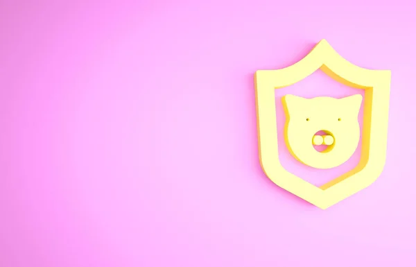 Escudo Amarelo com ícone de porco isolado no fundo rosa. Símbolo animal. Conceito de minimalismo. 3D ilustração 3D render — Fotografia de Stock