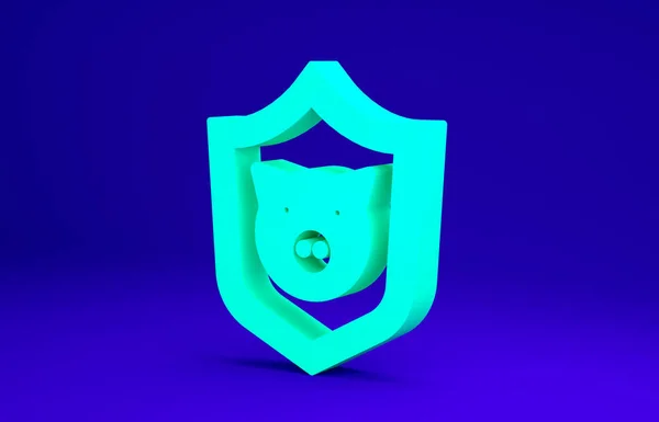 Escudo verde con icono de cerdo aislado sobre fondo azul. Símbolo animal. Concepto minimalista. 3D ilustración 3D render — Foto de Stock