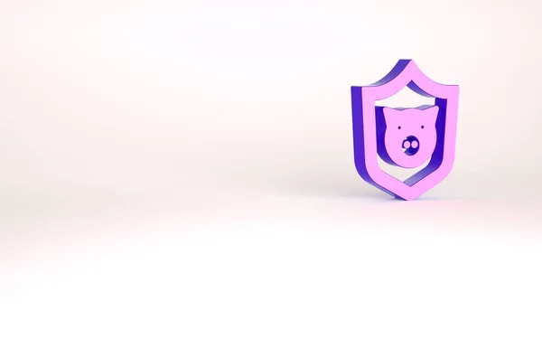 Bouclier violet avec icône de porc isolé sur fond blanc. Le symbole animal. Concept de minimalisme. Illustration 3D rendu 3D — Photo