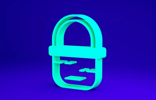 Піктограма зеленого кошика ізольована на синьому фоні. Інтернет-концепція купівлі. Знак служби доставки. Символ кошика. Концепція мінімалізму. 3D ілюстрація 3D рендеринга — стокове фото