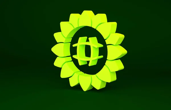 Ícone de girassol amarelo isolado no fundo verde. Conceito de minimalismo. 3D ilustração 3D render — Fotografia de Stock