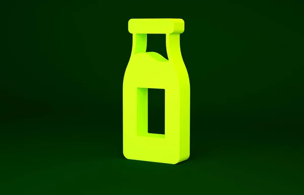 Frasco de vidro amarelo fechado com ícone de leite isolado no fundo verde. Conceito de minimalismo. 3D ilustração 3D render — Fotografia de Stock