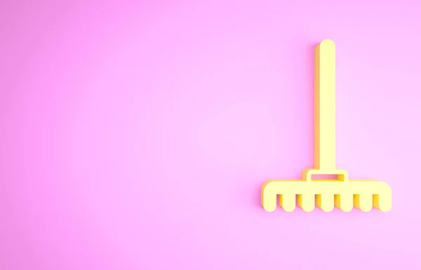 Icona gialla giardino rastrello isolato su sfondo rosa. Attrezzo per orticoltura, agricoltura, agricoltura. Coltivatore di terra. Attrezzature per le pulizie. Concetto minimalista. Illustrazione 3d rendering 3D — Foto Stock